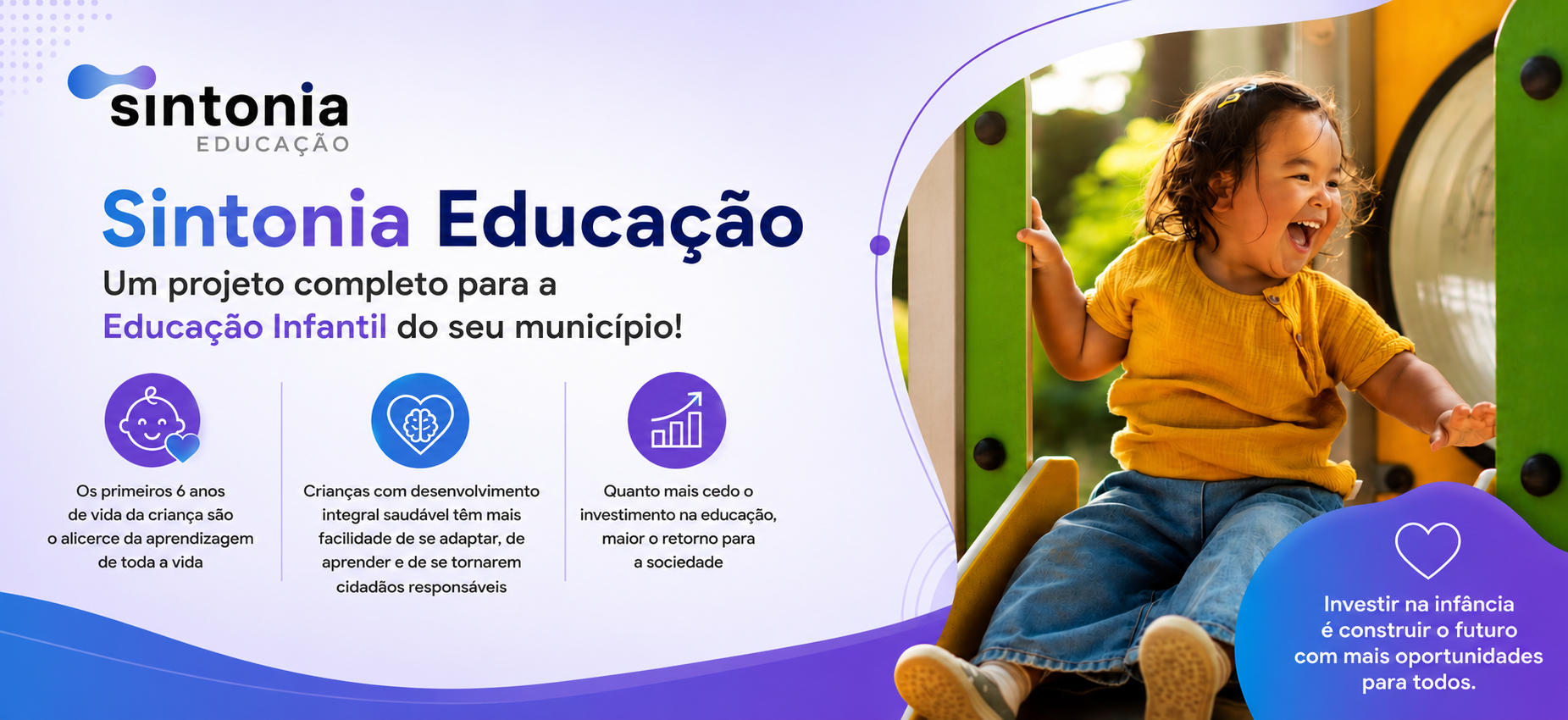 Banner Sintonia Educação, um projeto completo para educação infantil do seu município! Os primeiros 6 anos de vida da criança são o alicerce da aprendizagem de toda a vida. Crianças com desenvolvimento integral saudável têm mais facilidade de se adaptar, de aprender e de se tornarem cidadãos responsáveis
Quanto mais cedo o investimento na educação, maior o retorno para a sociedade
