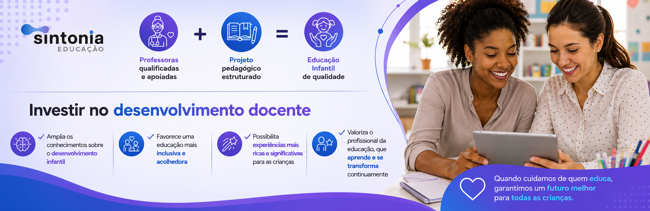 Professoras qualificadas e apoiadas mais Projeto pedagógico estruturado igual a Educação Infantil de qualidade. Investir no desenvolvimento docente. Amplia os conhecimentos sobre o desenvolvimento infantil. Favorece uma educação mais inclusiva e acolhedora. Possibilita experiências mais ricas e significativas para as crianças. Valoriza o profissional da educação, que aprende e se transforma continuamente
